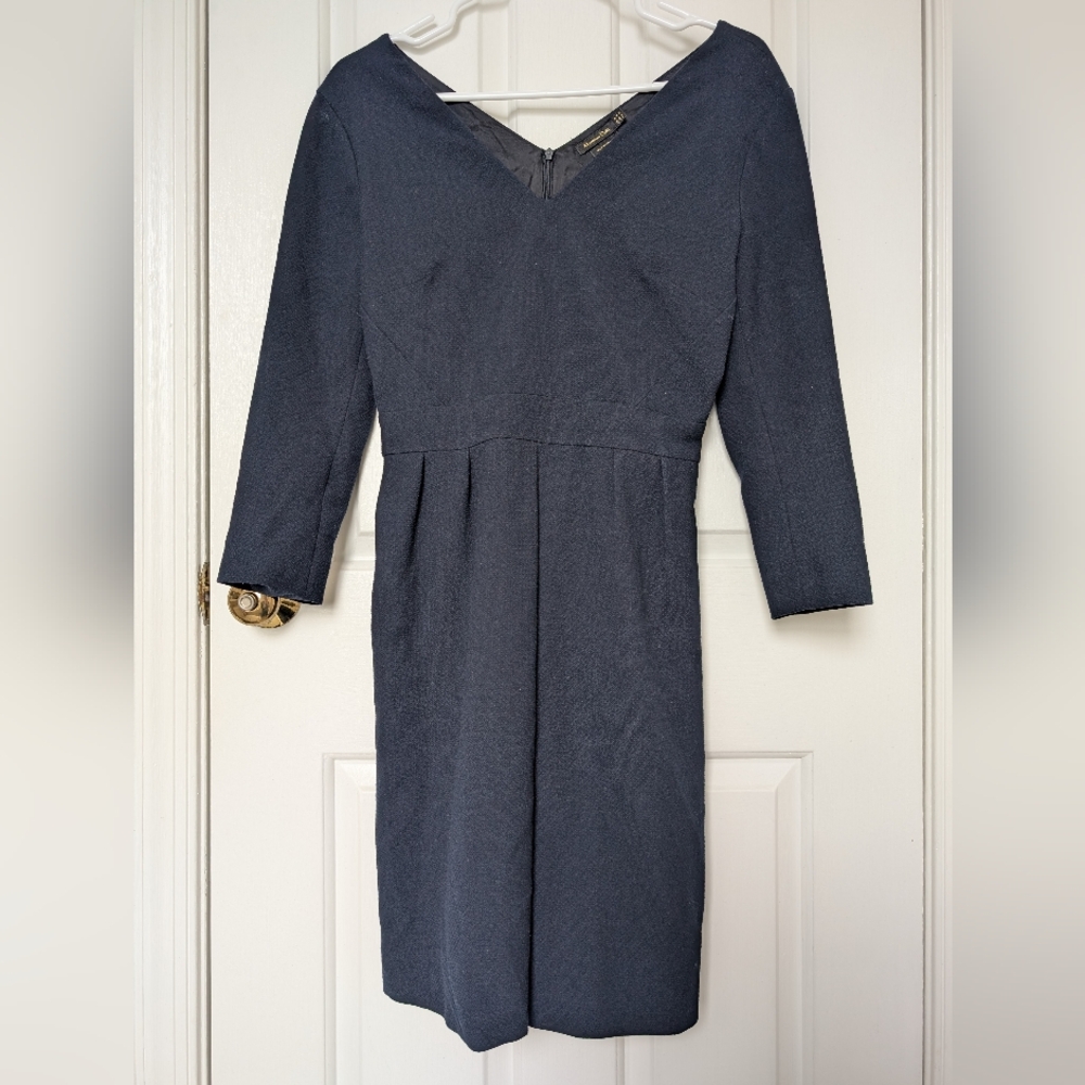 Massimo Dutti Dark Blue Long Sleeve Dress V Neck